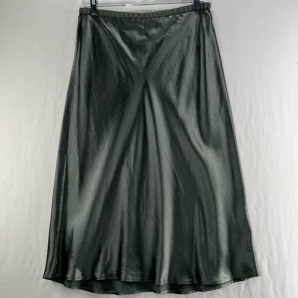 Vince Satin Slip Skirt Women L Midi A-Line High Waist Silky Drapey Elegant Green - Picture 2 of 10